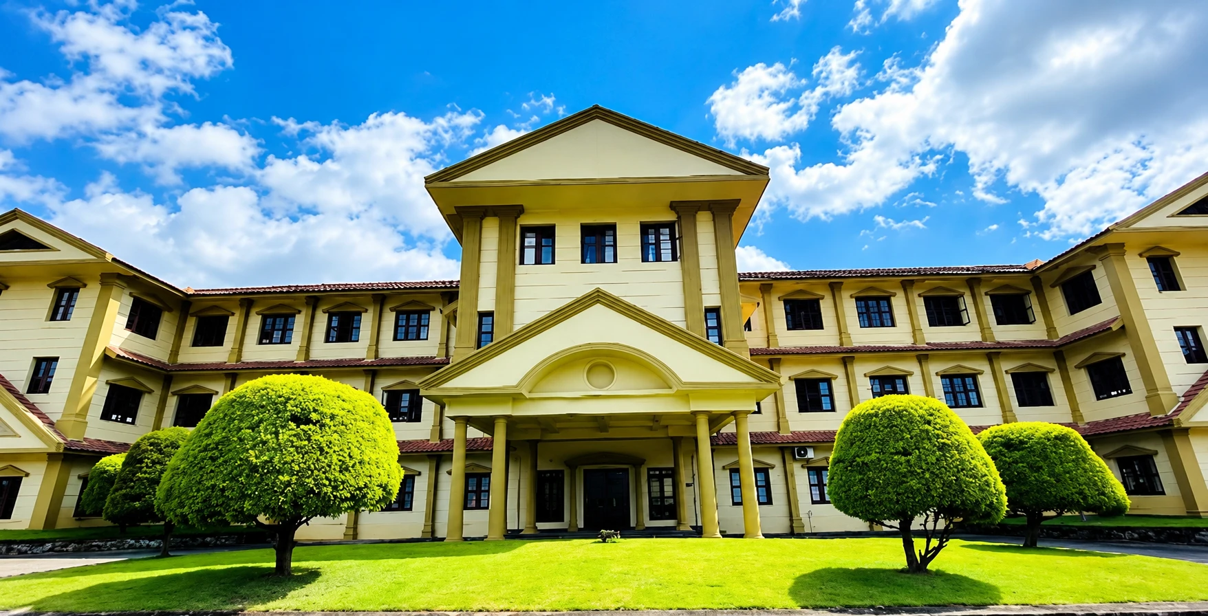 The yellow colonnaded building at The Greenhills Public School campus, with its front lawn